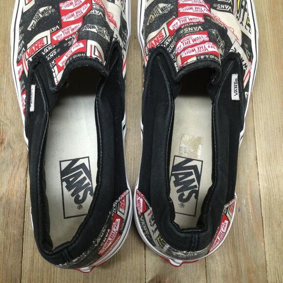 VANS Black Red Canvas Collage Slip Ons MENS 10.5 Classic Skater Sneakers - Picture 7 of 9